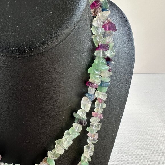 Natural Fluorite Chip Necklace, 35" Long Polished Gemstone Strand, Green & Purpl - Picture 9 of 11